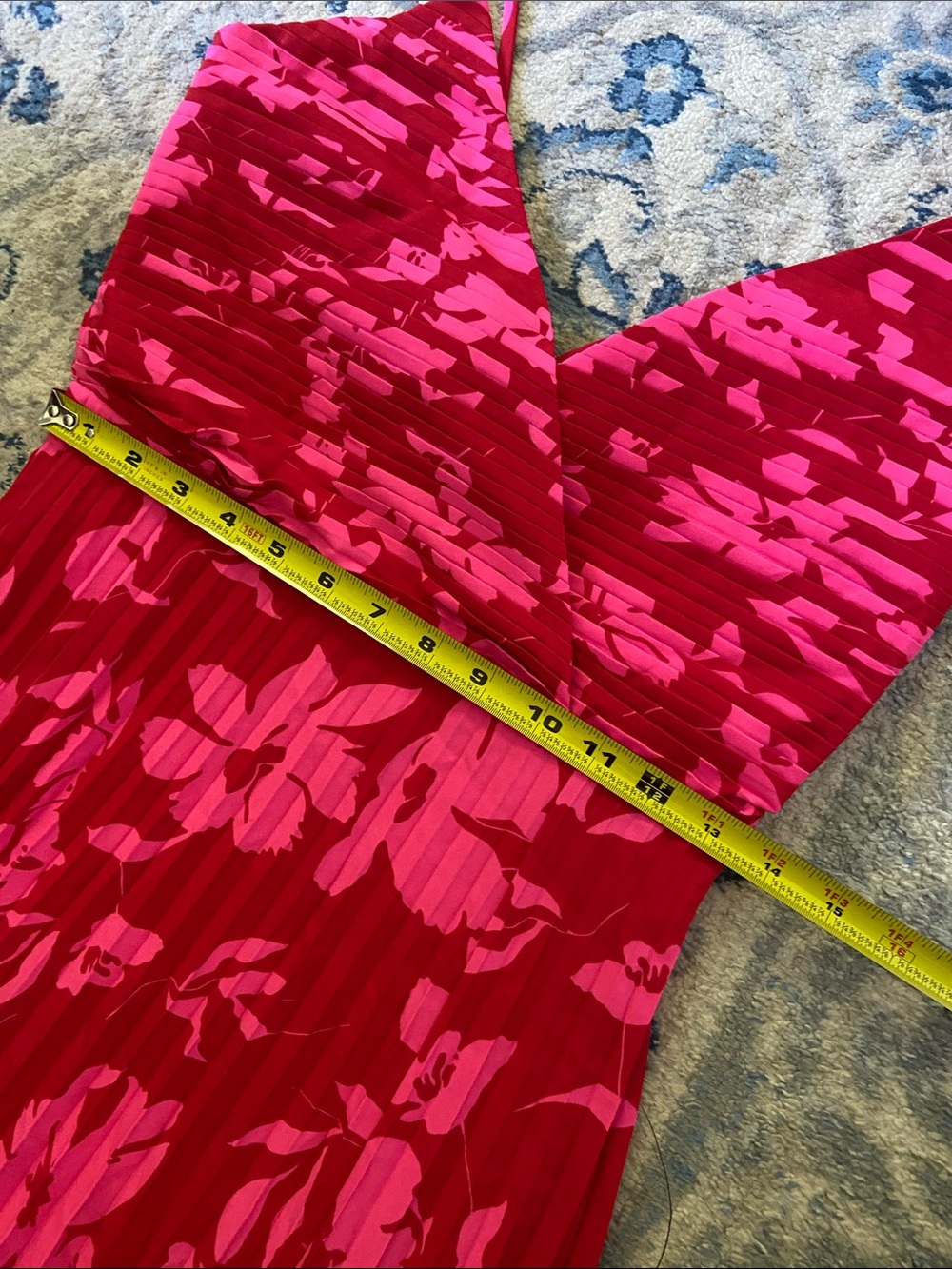 Lulu’s Vibrant Moment Red and Pink Floral Pleated Lace-Up Midi Dress - Picture 12 of 13